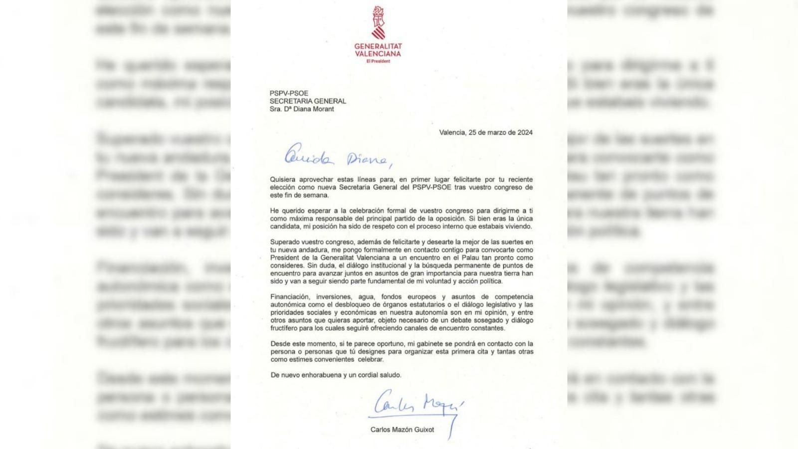 Carta enviada per Mazón a Diana Morant