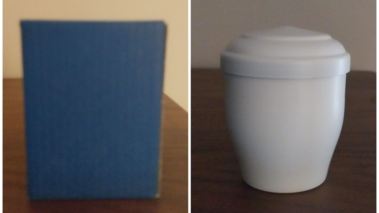 La capsa blava i l'urna blanca que contenia les cendres de la filla