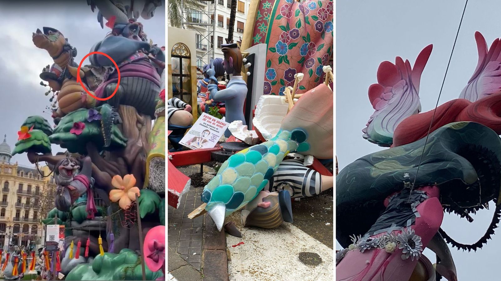 D'esquerra a dreta, desperfectes en les falles l'Ajuntament, Regne de Valéncia-Duc de Calàbria i Na Jordana