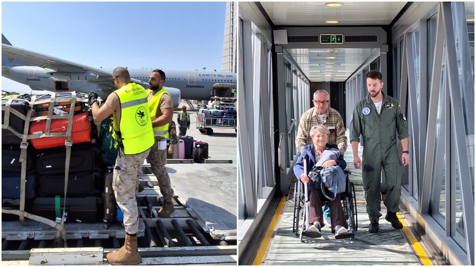 En imatge, la càrrega de maletes i el traslladat des d'Oman dels espanyols