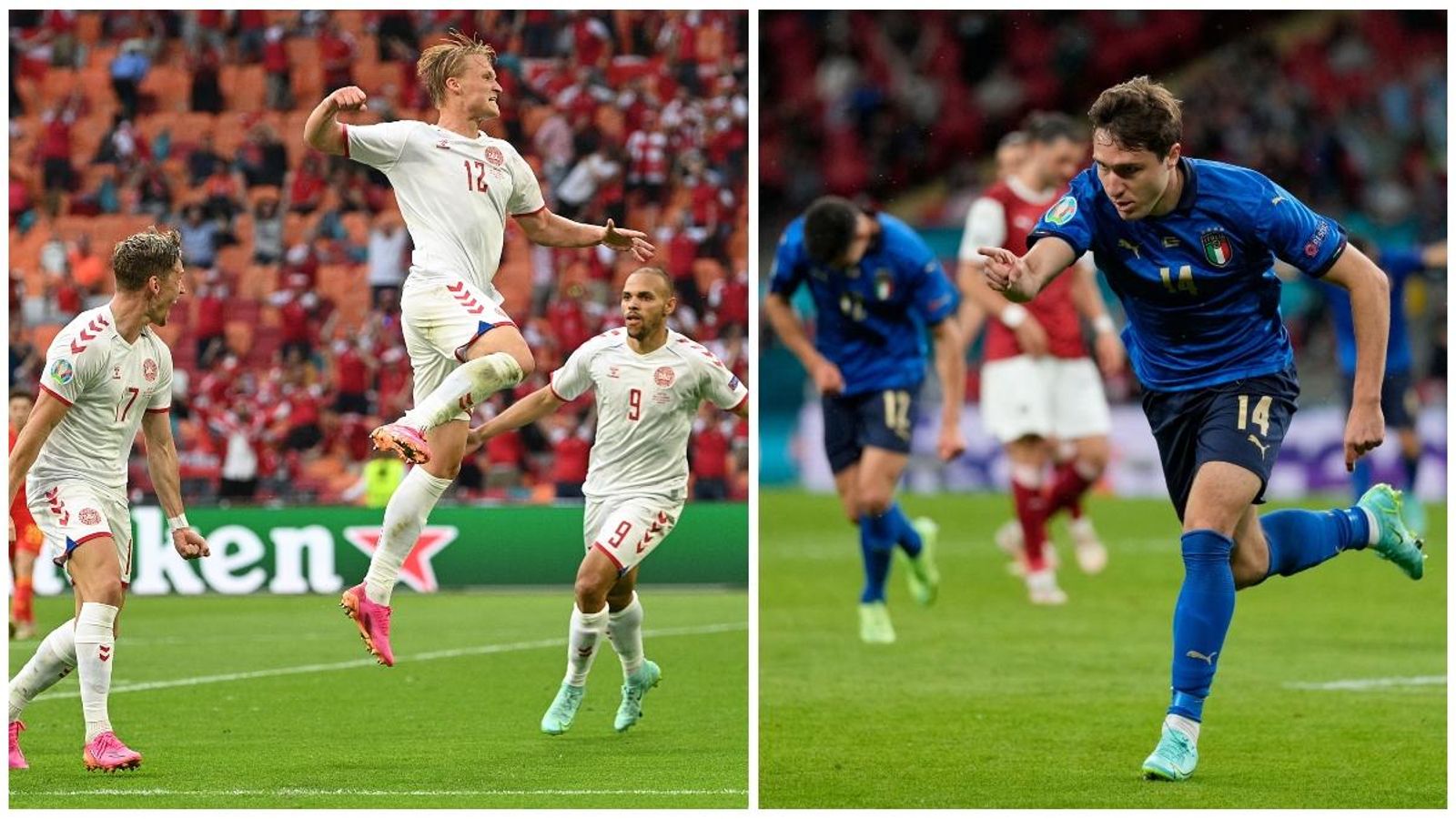 Els jugadors de Dinamarca (esquerra) i Itàlia (dreta) celebren un gol