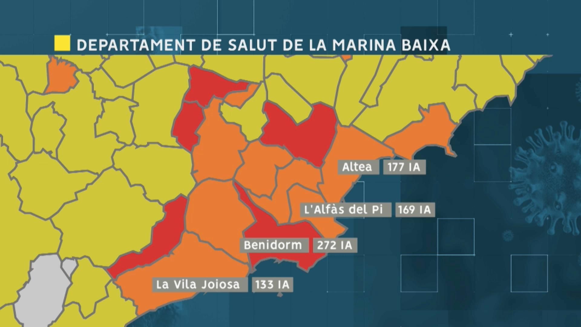 Mapa de la incidència acumulada per cada 100.000 habitants en els últims 14 dies a la costa de la Marina Baixa Mapa de la incidència acumulada per cada 100.000 habitants en els últims 14 dies a la costa de la Marina Baixa