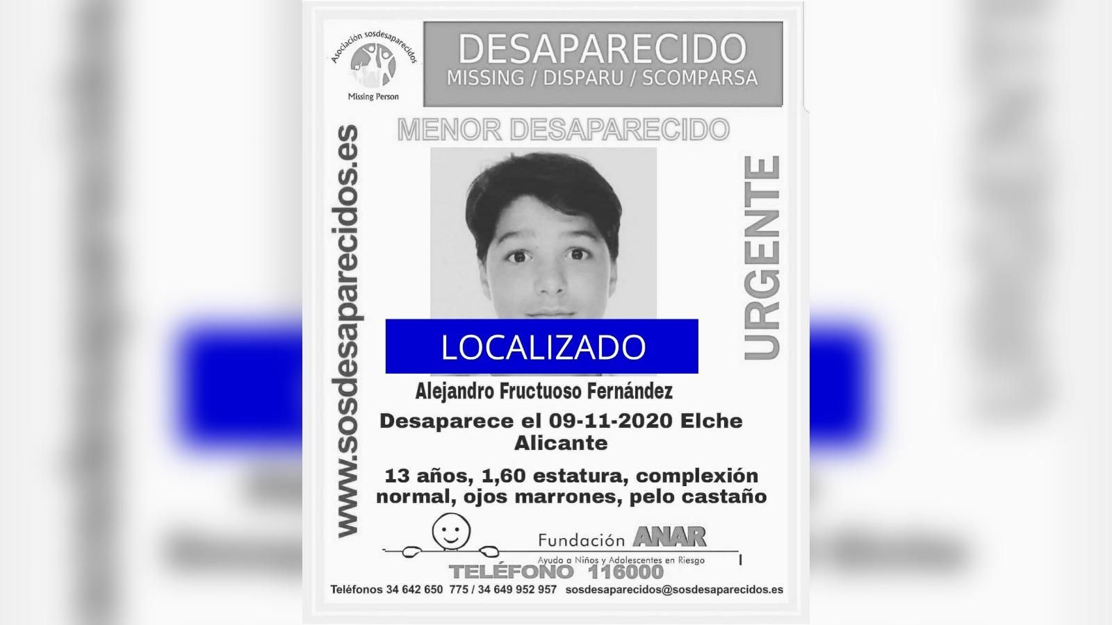 Localitzen el xiquet de 13 anys desaparegut dilluns a Elx