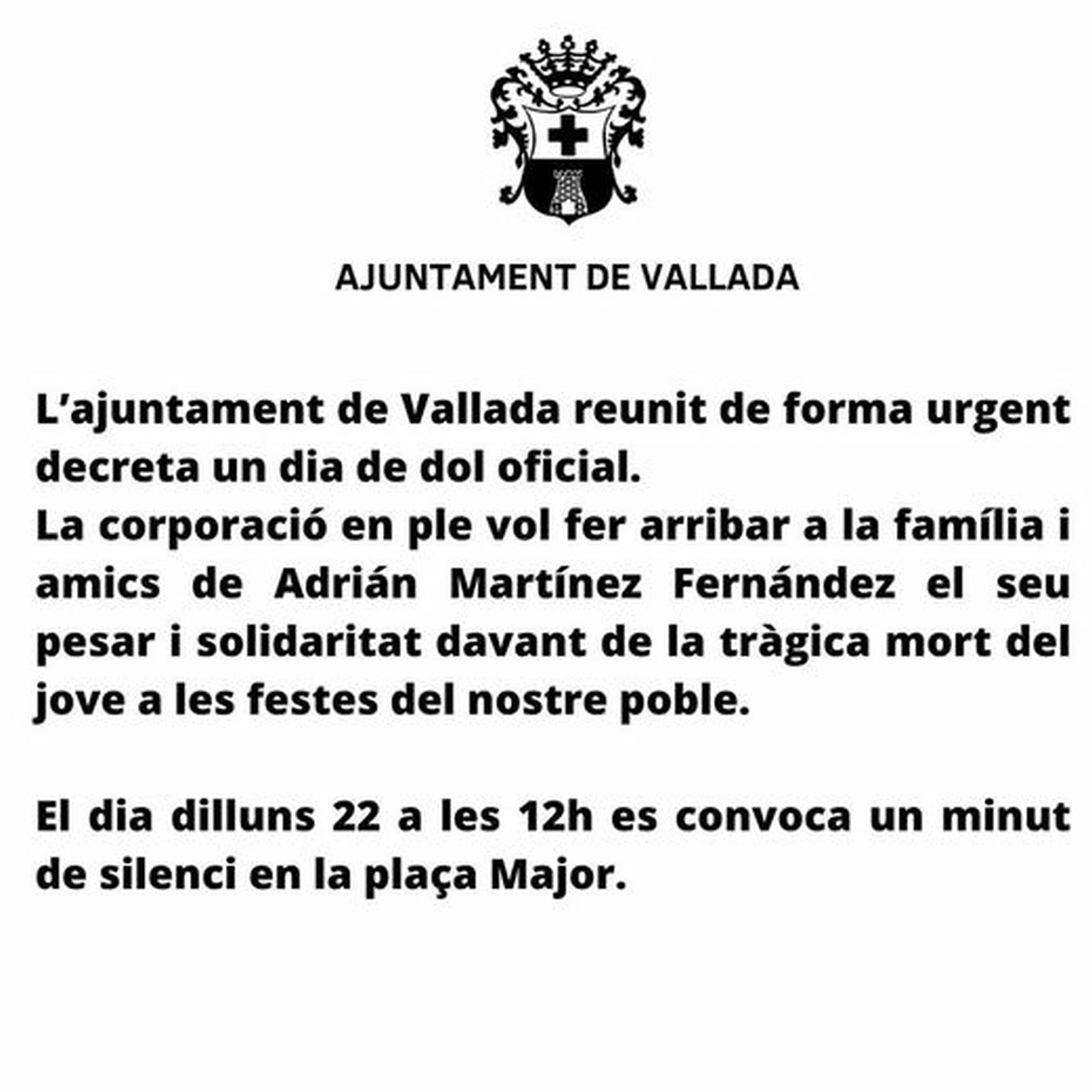 Nota que publicà l'Ajuntament de Vallada en el seu compte de Facebook