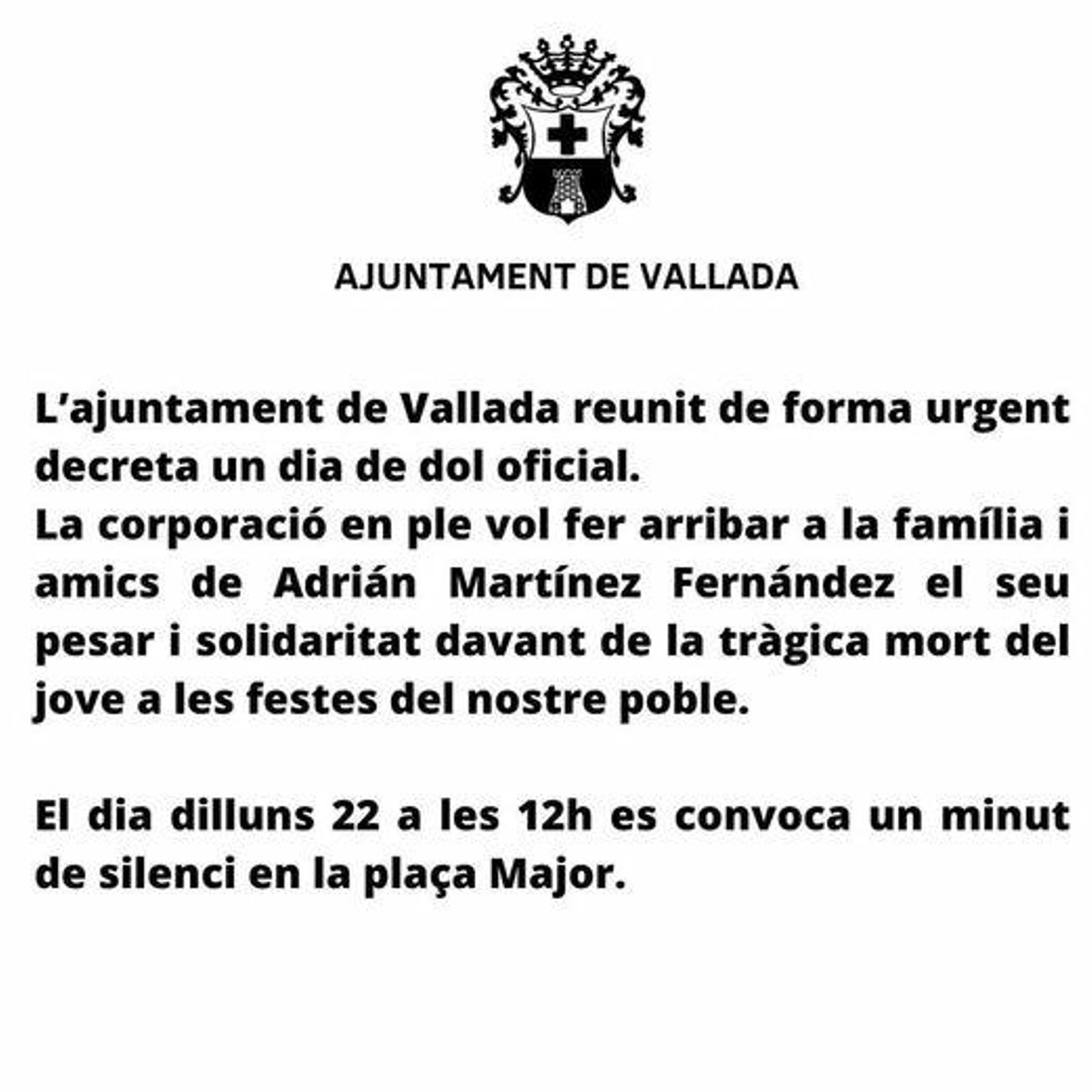 Nota que publicà l'Ajuntament de Vallada en el seu compte de Facebook Nota que publicà l'Ajuntament de Vallada en el seu compte de Facebook