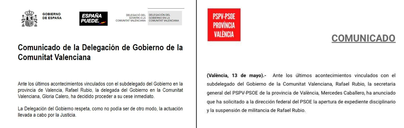 Els comunicats de la delegació del govern, cessant Rubio, i del PSPV-PSOE, suspenent-lo de militància.