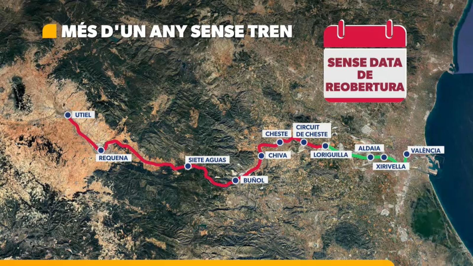 Mapa que mostra els avanços en la recuperació de la línia C3: en verd, el tram operatiu i, en roig, el que queda pendent