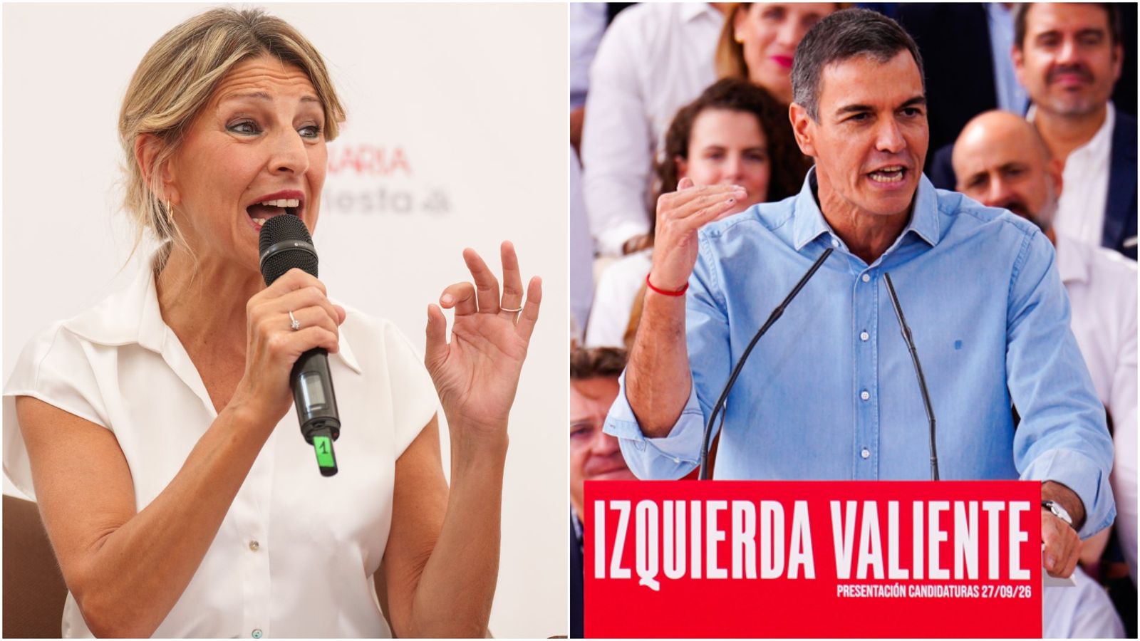 La líder de Sumar, Yolanda Díaz, i el president del govern espanyol, Pedro Sánchez, en actes del cap de setmana