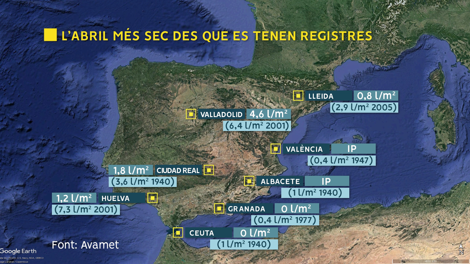 Registres de la pluja d'abril de 2023 a diferents ciutats de l'Estat