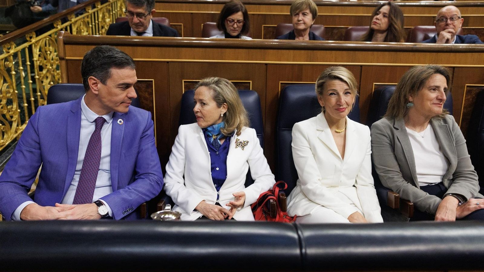Sánchez, junt amb les tres vicepresidentes del govern espanyol, aquest dimarts en el Congrés