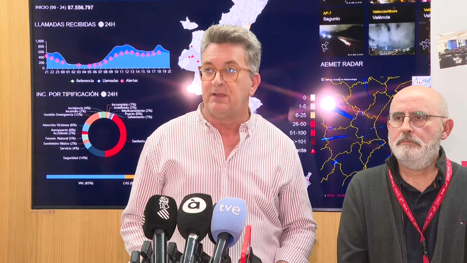 El conseller de Medi Ambient, Infraestructures i Territori, Vicente Martínez Mus, anuncia la mesura amb el subdirector general d'Emergències, Jorge Suárez