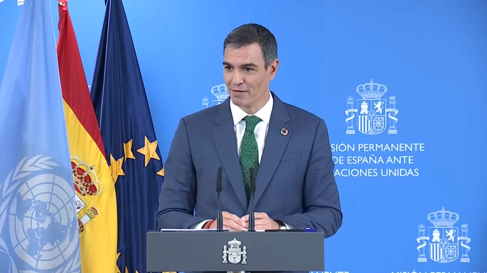 El president del Govern, Pedro Sánchez, durant la compareixença en l'assemblea de l'ONU