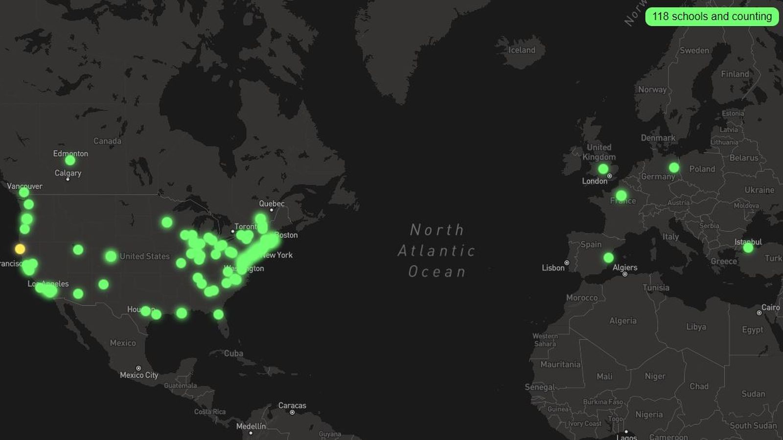 Mapamundi amb totes les acampades universitàries en suport a Palestina