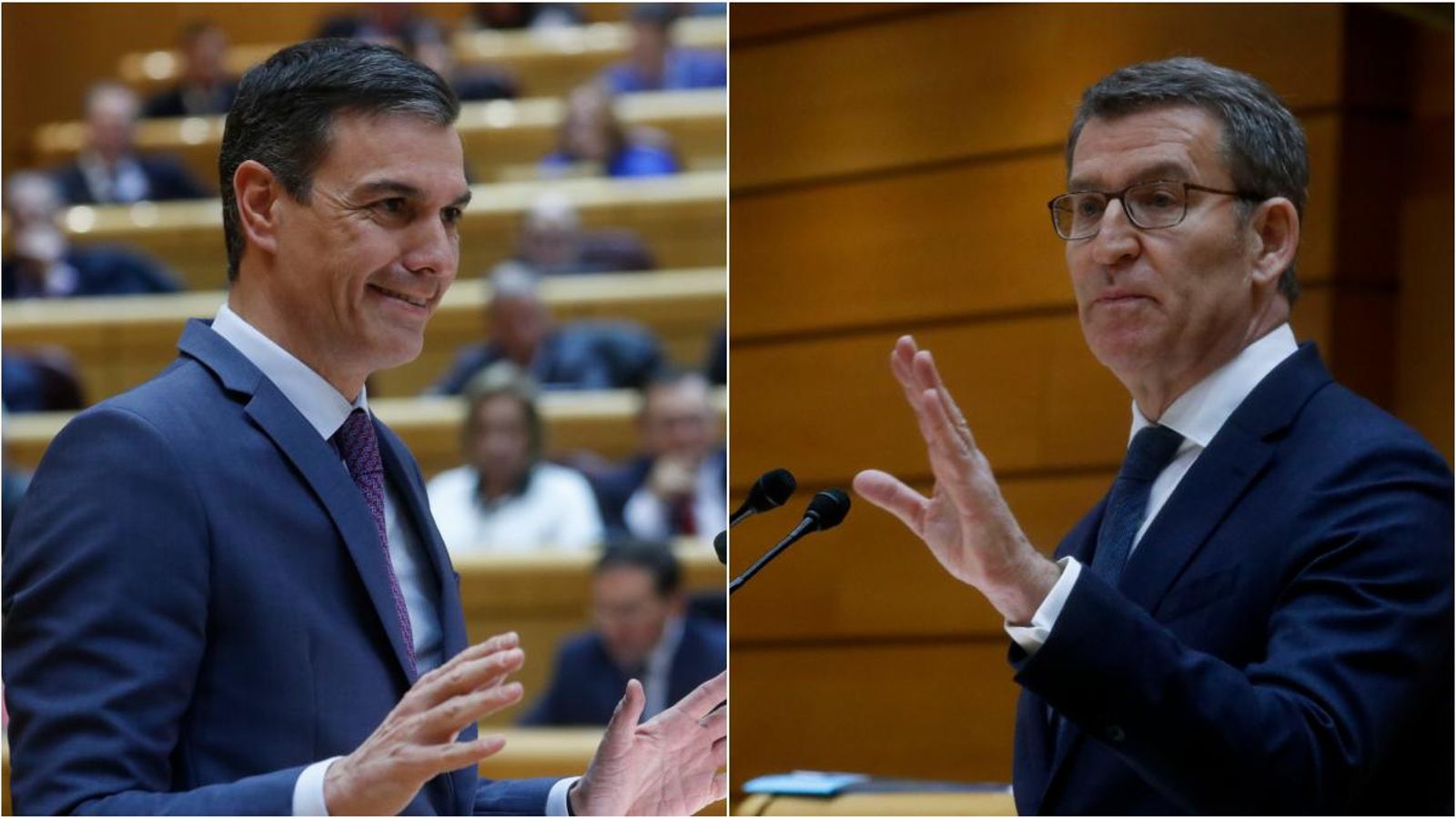 El president del govern espanyol, Pedro Sánchez, i el líder del PP, Alberto Núñez-Feijóo, durant la seua intervenció en el Senat