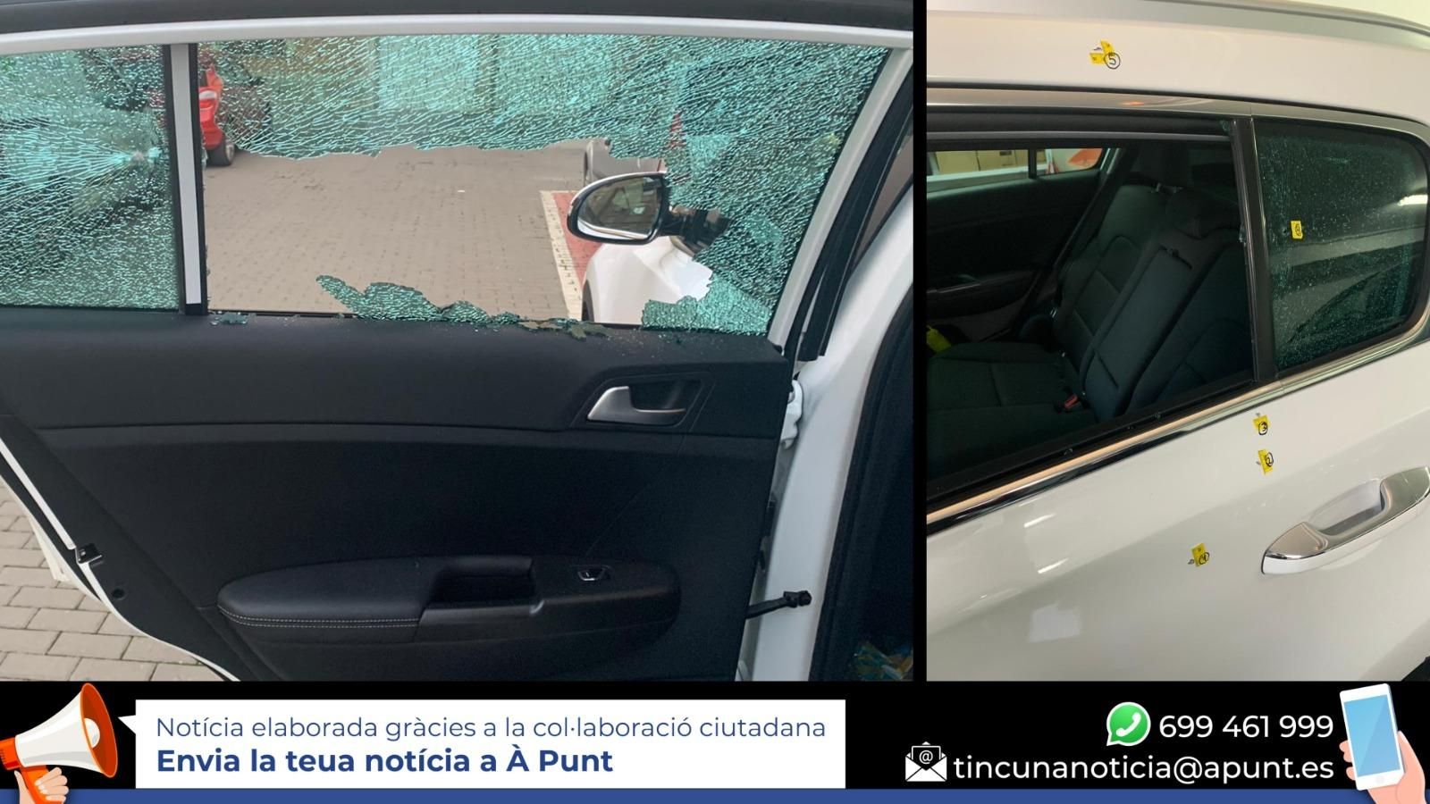 A l'esquerra, estat en què va quedar la finestreta del vehicle afectat, i a la dreta impactes que va rebre la porta del vehicle