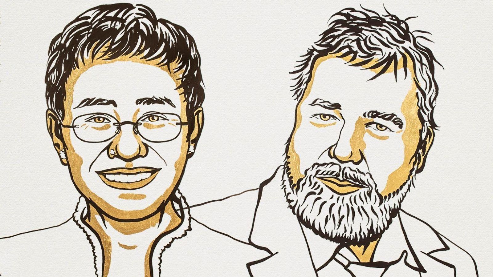 La periodista russa Maria Ressa, a l'esquerra, i el també periodista Dimitry Muratov