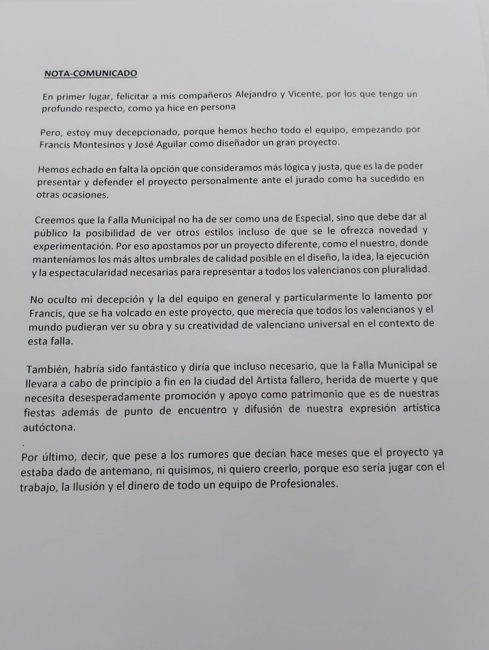 Comunicat de l'artista faller Manolo García