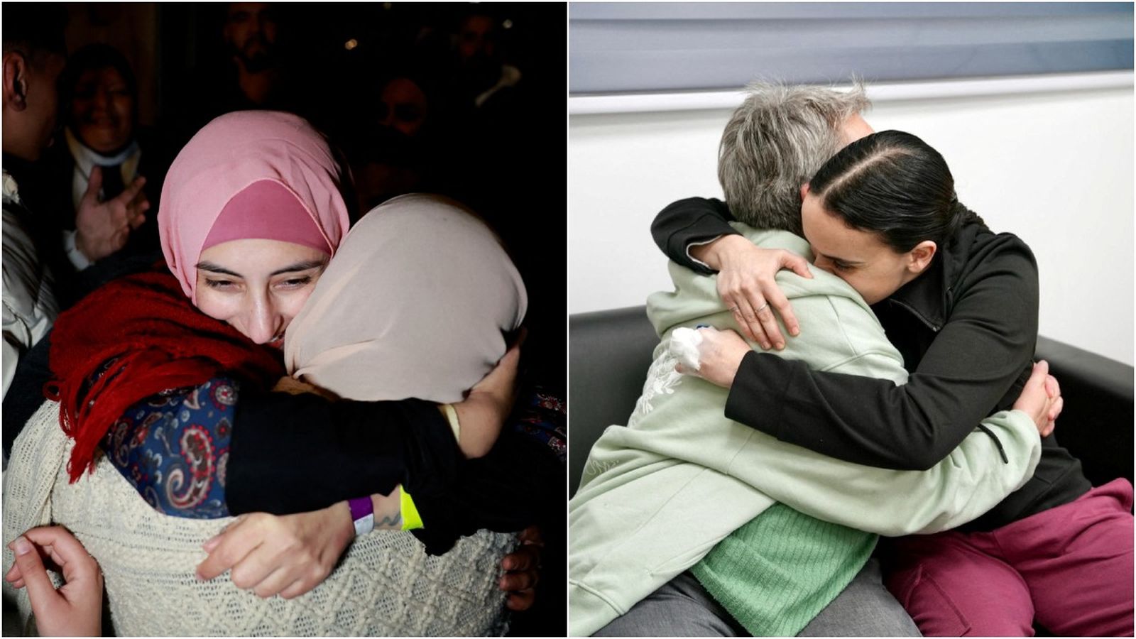D'esquerra a dreta, l'emoció d'una palestina i de l'ostatge israeliana Emily Damari, en retrobar-se amb la família