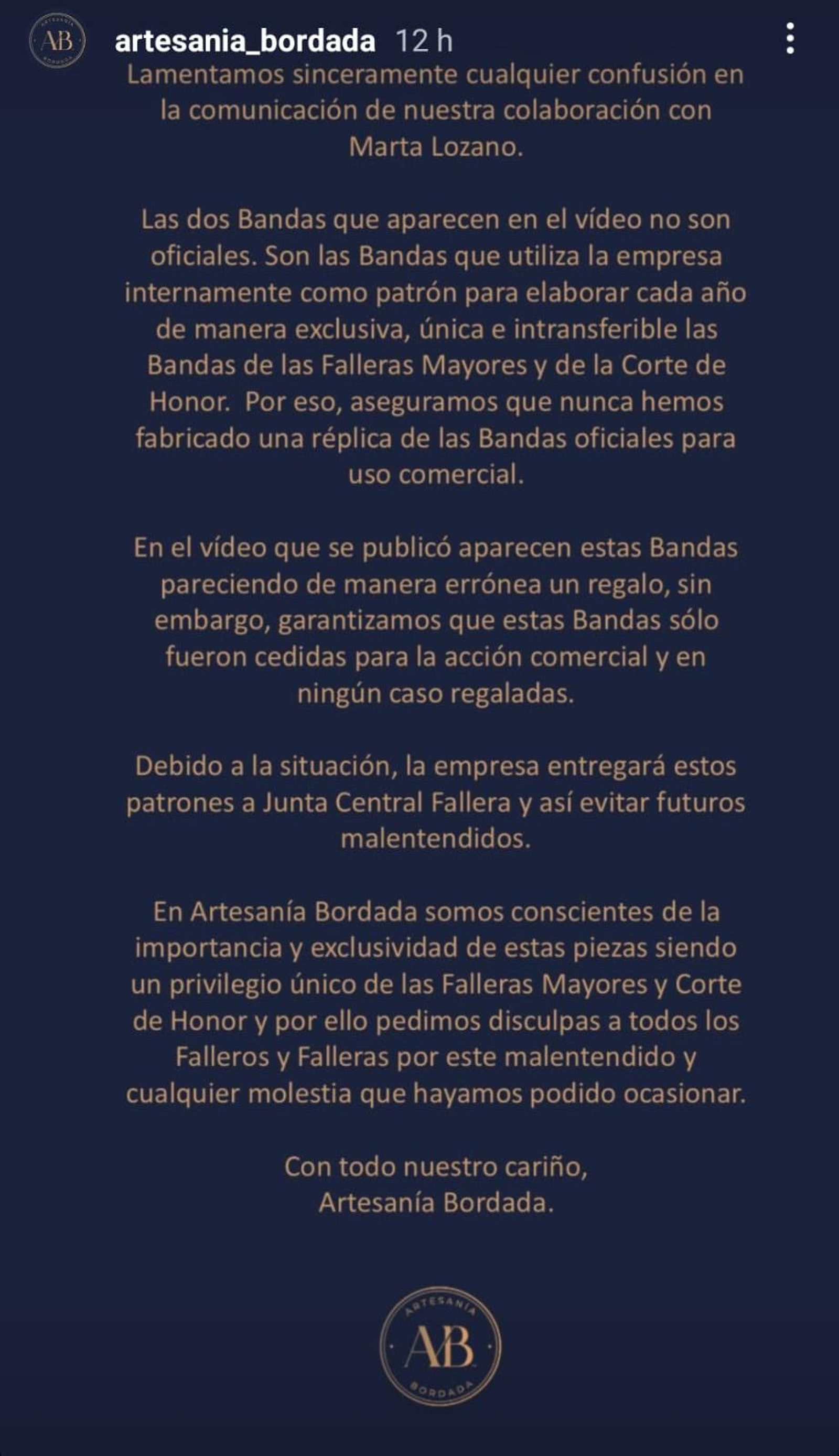 Resposta d'Artesanía Bordada per la polèmica de les bandes