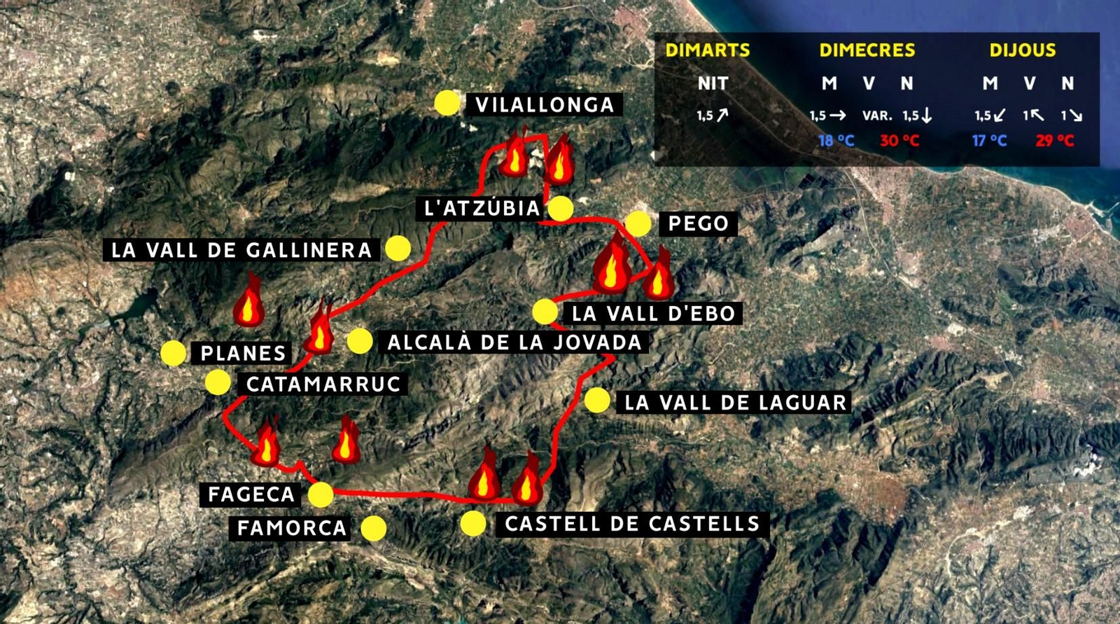 Perímetre de l'incendi de la Vall d'Ebo