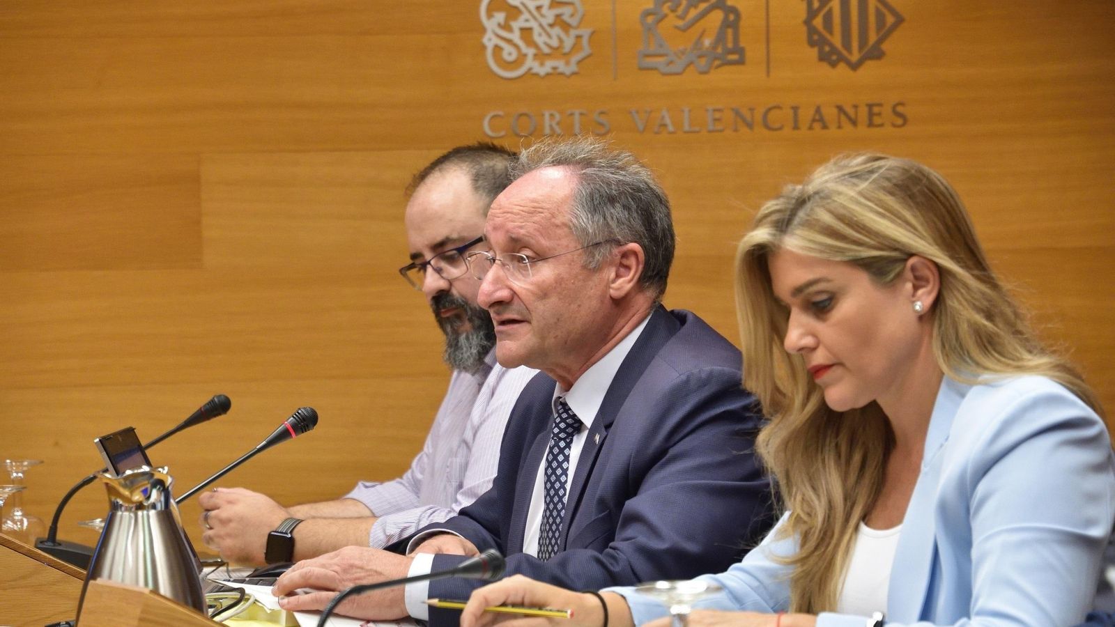 El director de l'Agència Antifrau, Joan Llinares (centre) en un moment de la compareixença a les Corts