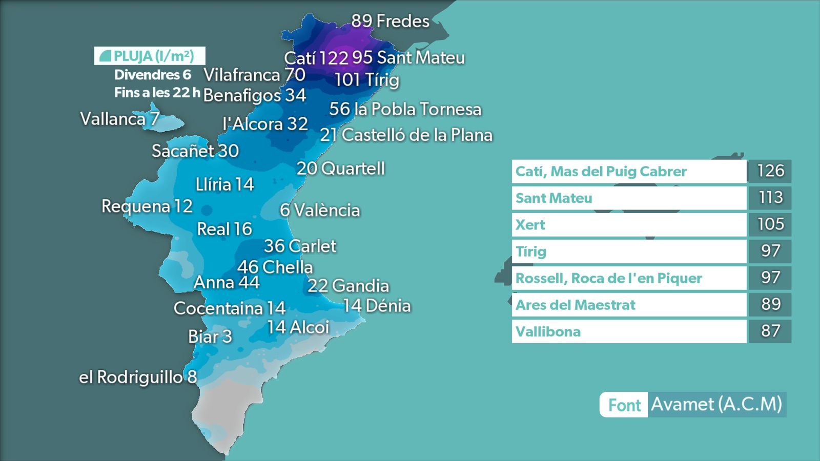 MAPA DE PLUJA DIVENDRES 6 FINS A 22 h