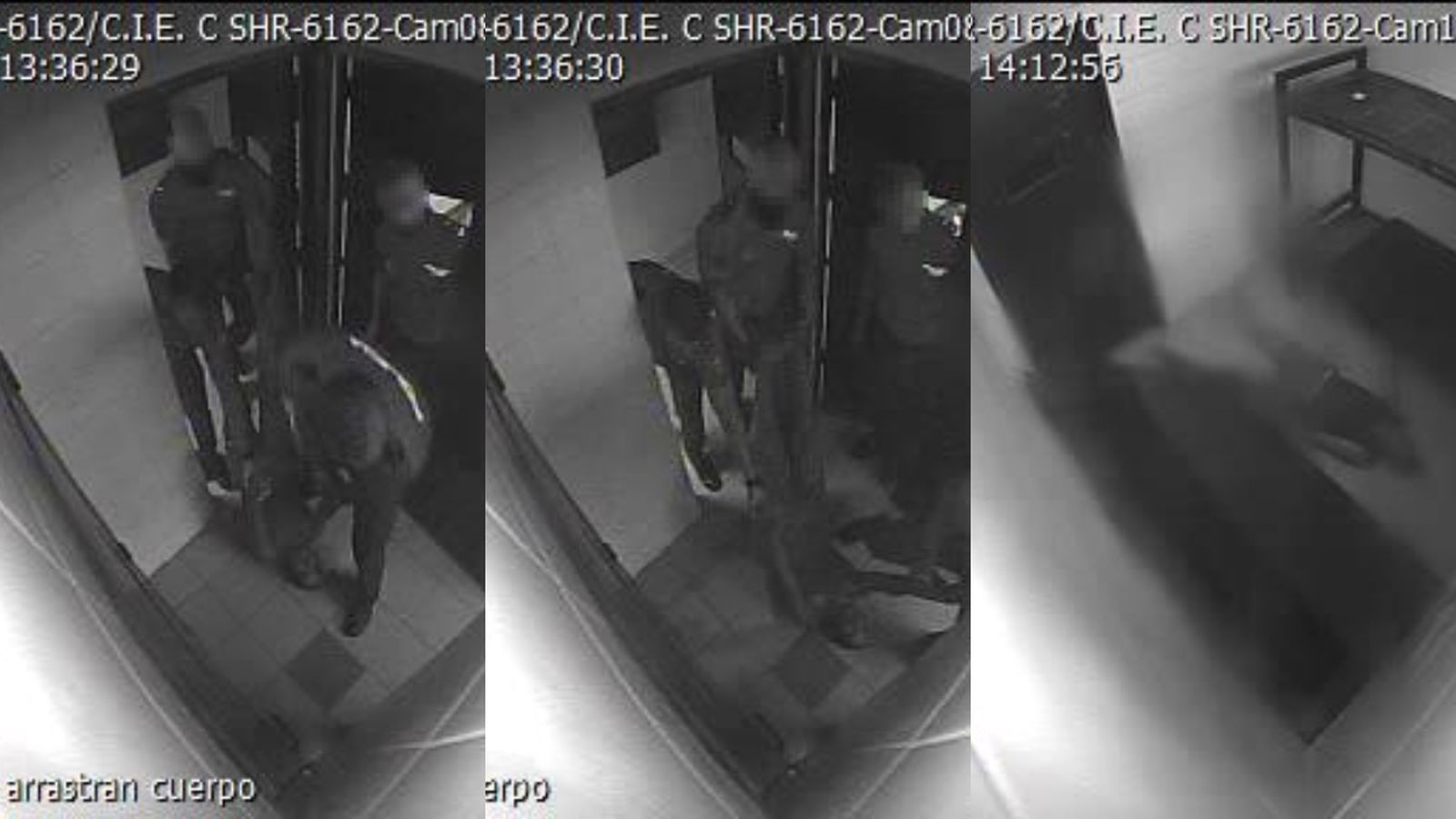 Imatge de les càmeres de seguretat del CIE de Sapadors en què es veu els agents arrosegant l'intern amb el cap a terra