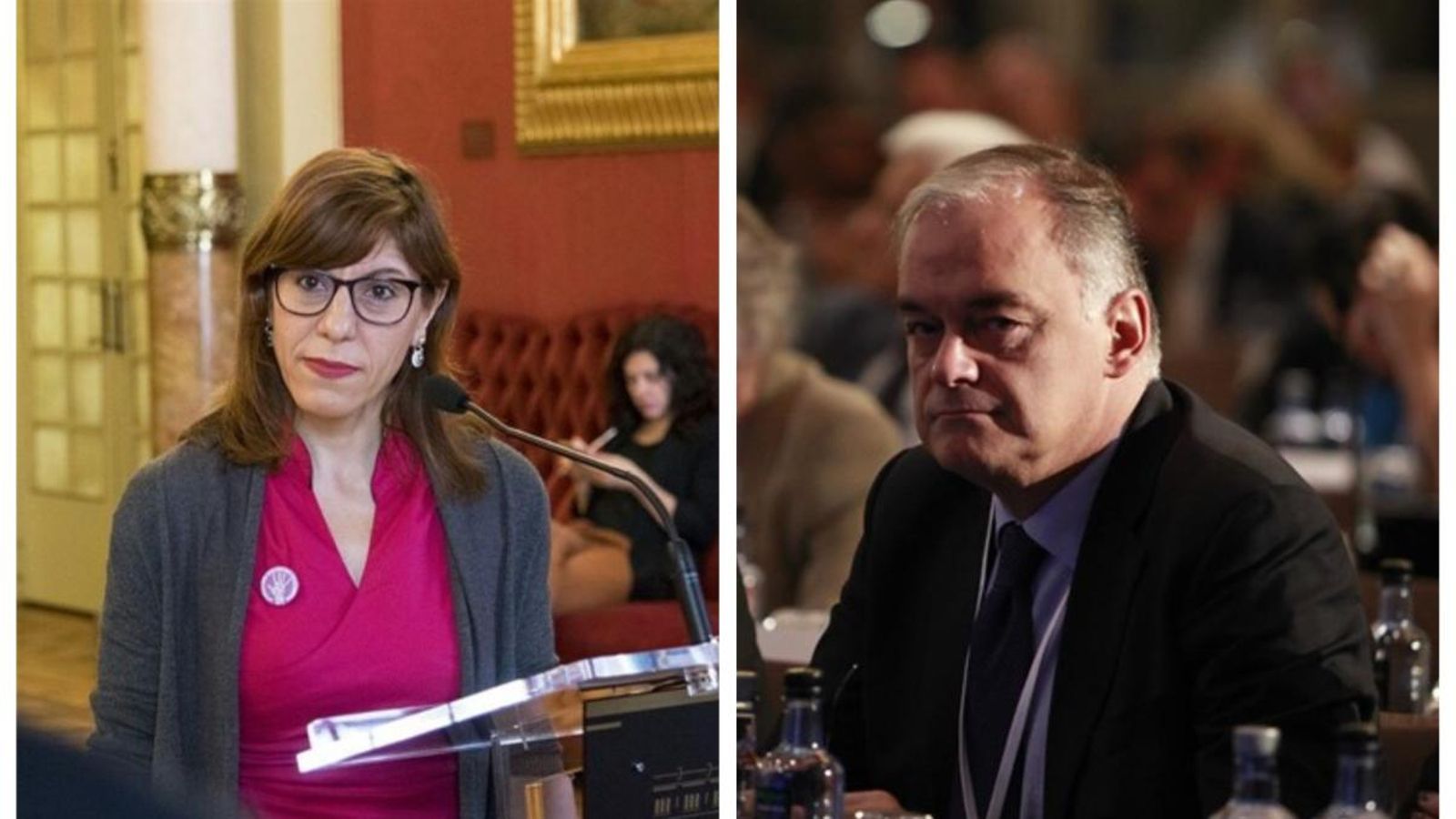 La portaveu adjunta de Podem al Parlament de les Illes Balears, Laura Camargo, i l'eurodiputat del PP, Esteban González Pons, en imatges d'arxiu