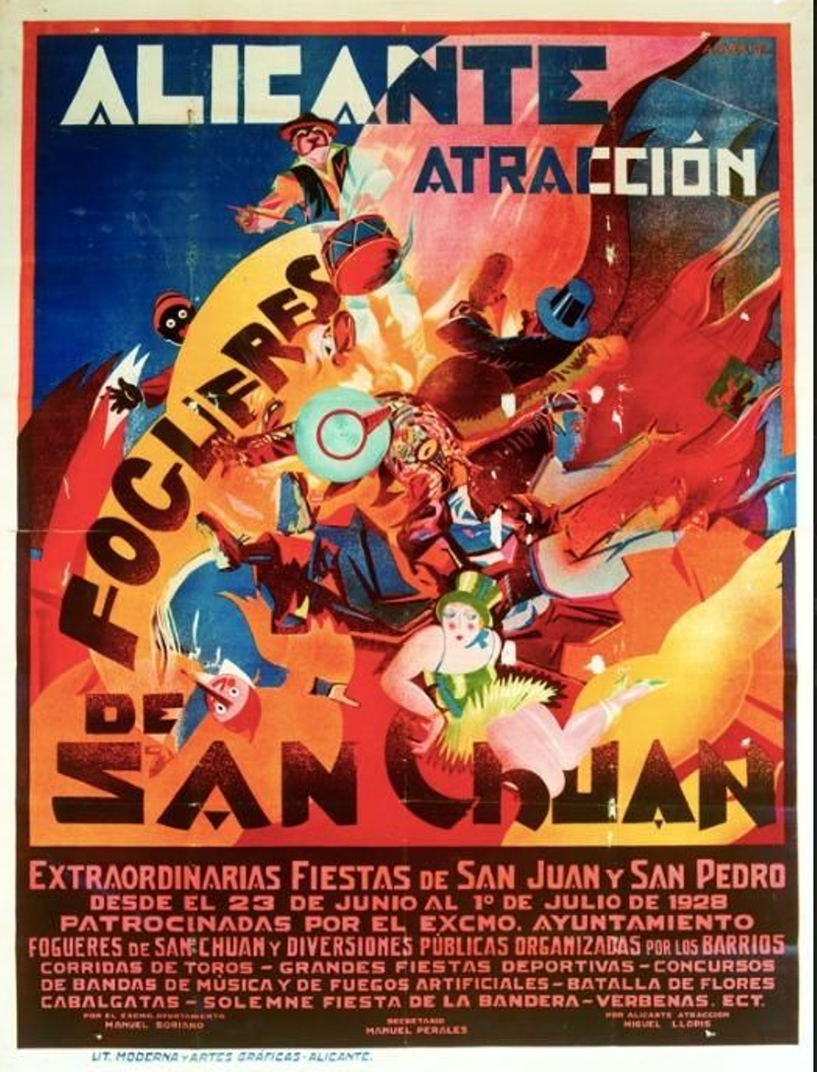 Cartell anunciador de les primeres festes de Fogueres l'any 1928, obra de Lorenzo Aguirre Sánchez