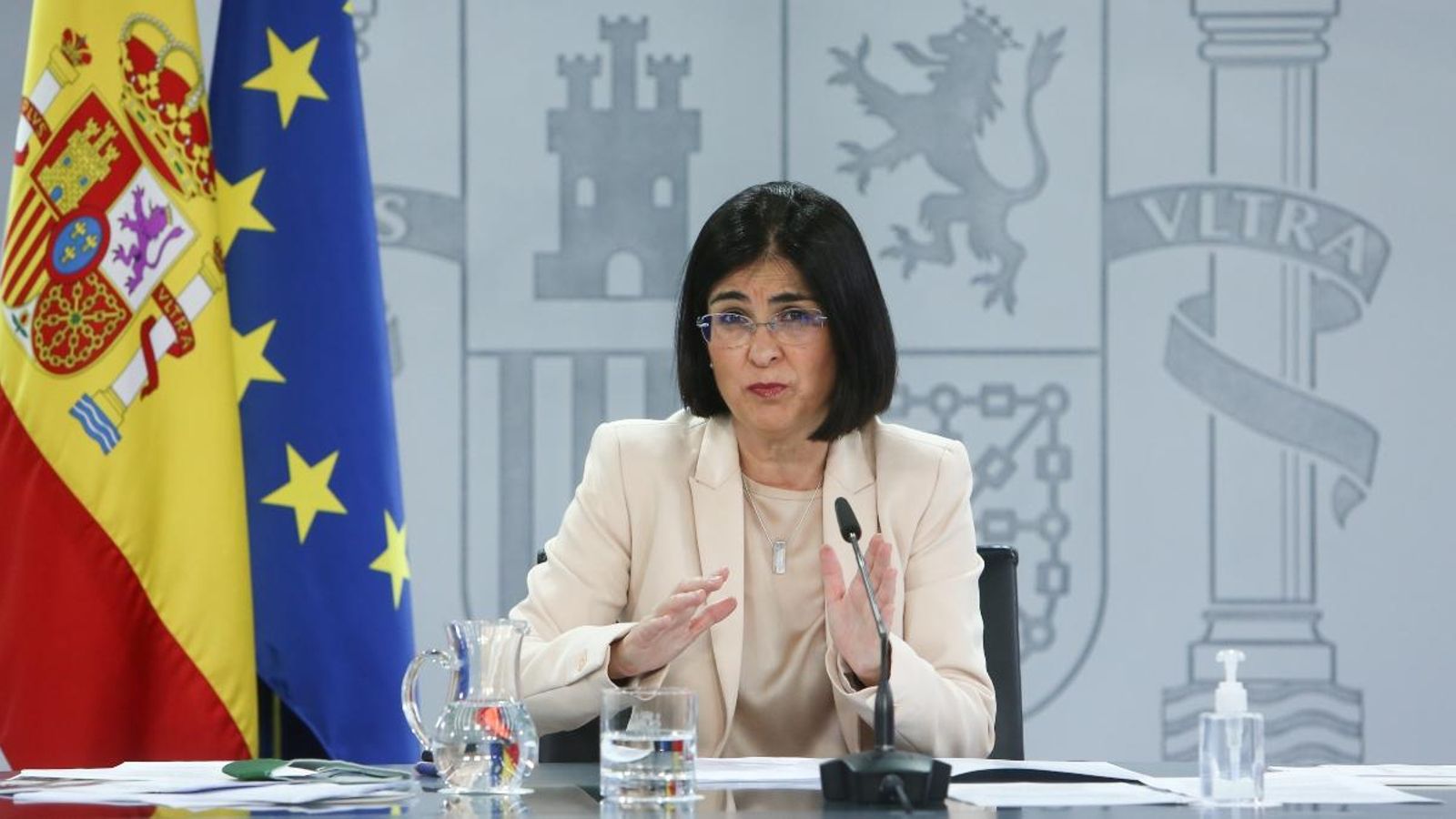 La ministra de Sanitat, Carolina Darias, en la roda de premsa posterior al Consell Interterritorial del Sistema Nacional de Salut aquest dimecres