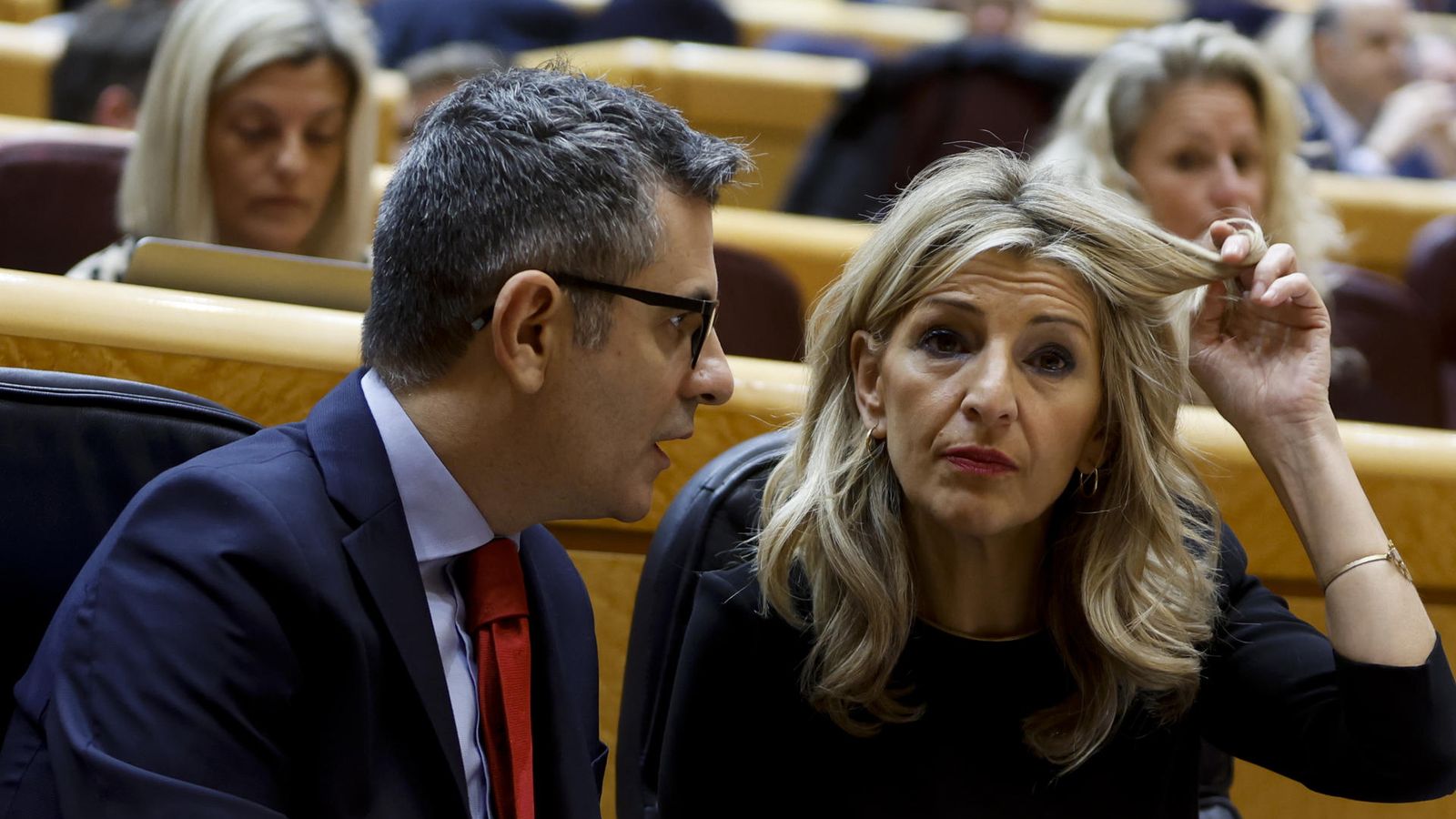 El ministre Félix Bolaños i la vicepresidenta i ministra Yolanda Díaz, aquest dimecres en el Senat