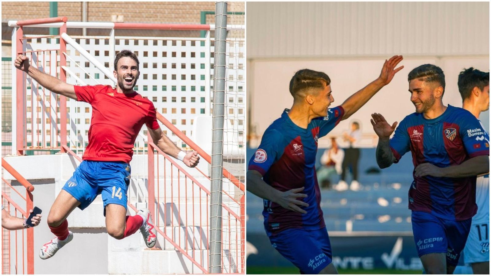 Un jugador de l'Atlètic Saguntí i dos de l'Alzira celebren un gol
