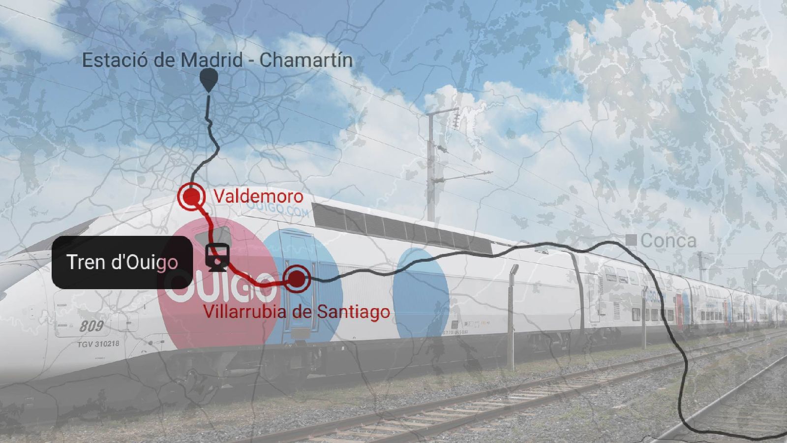 Fotomuntatge amb tren Ouigo en una imatge d'arxiu