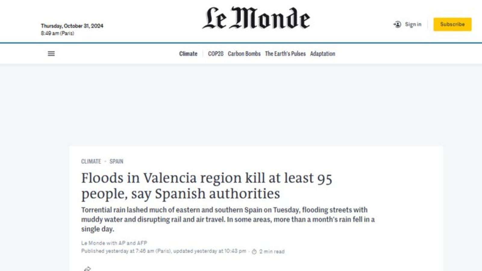 'Le Monde' també dedicava part de l'espai a les inundacions de la Comunitat Valenciana