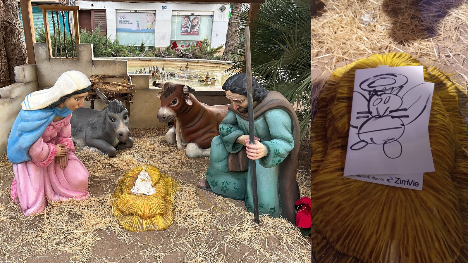 Betlem de la plaça de Benimaclet després del robatori i la caricatura que han deixat