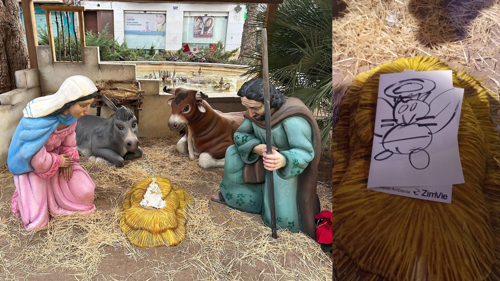 Betlem de la plaça de Benimaclet després del robatori i la caricatura que han deixat