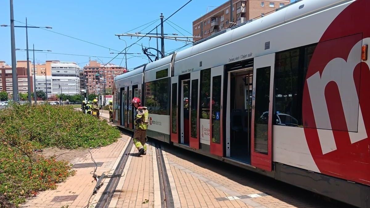 Els bombers treballen en la catenària de Metrovalència