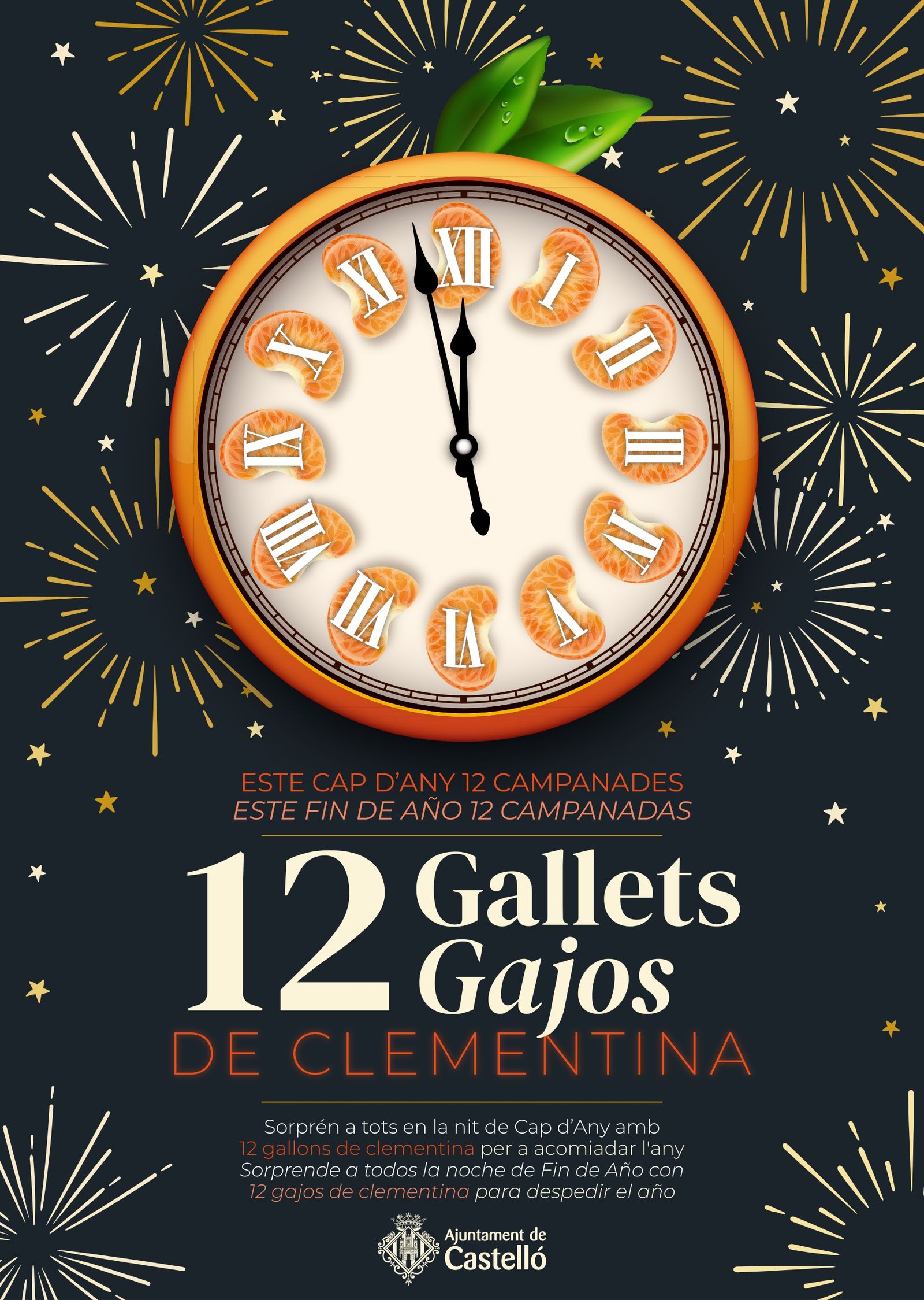 Cartell infogràfic de les dotze campanades amb gallets de clementina
