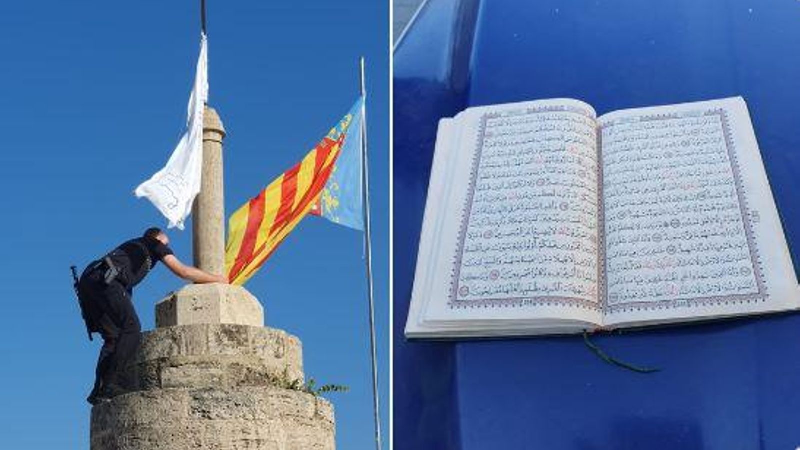 Moment en el que la Policia Local retira la bandera, i l'Alcorà que estava al costat