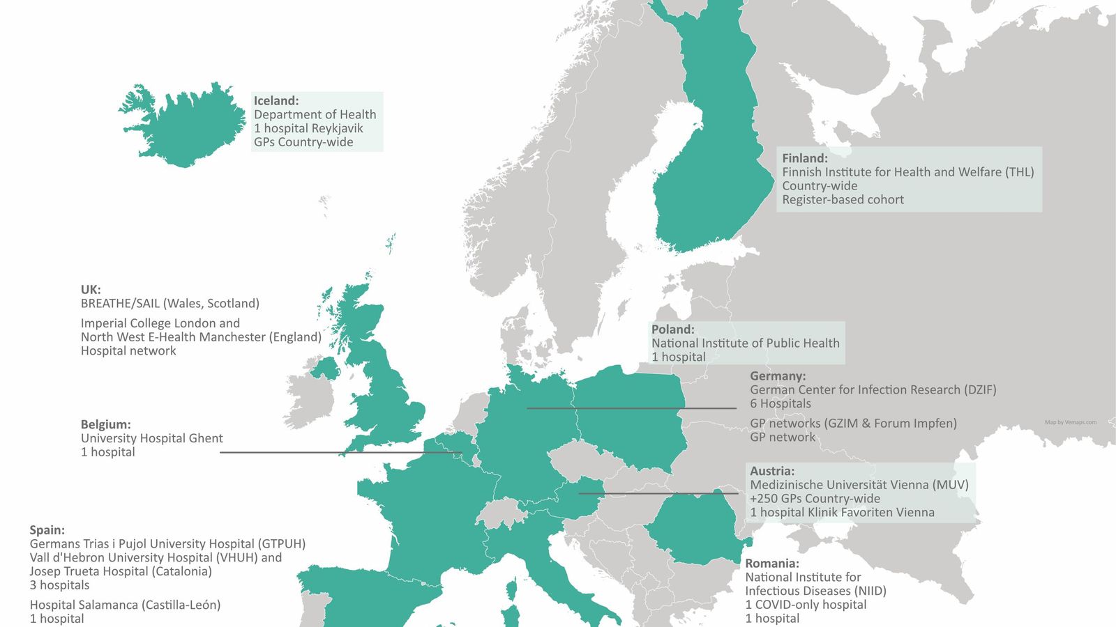 Mapa d'Europa amb els instituts de salut que participen en l'estudi