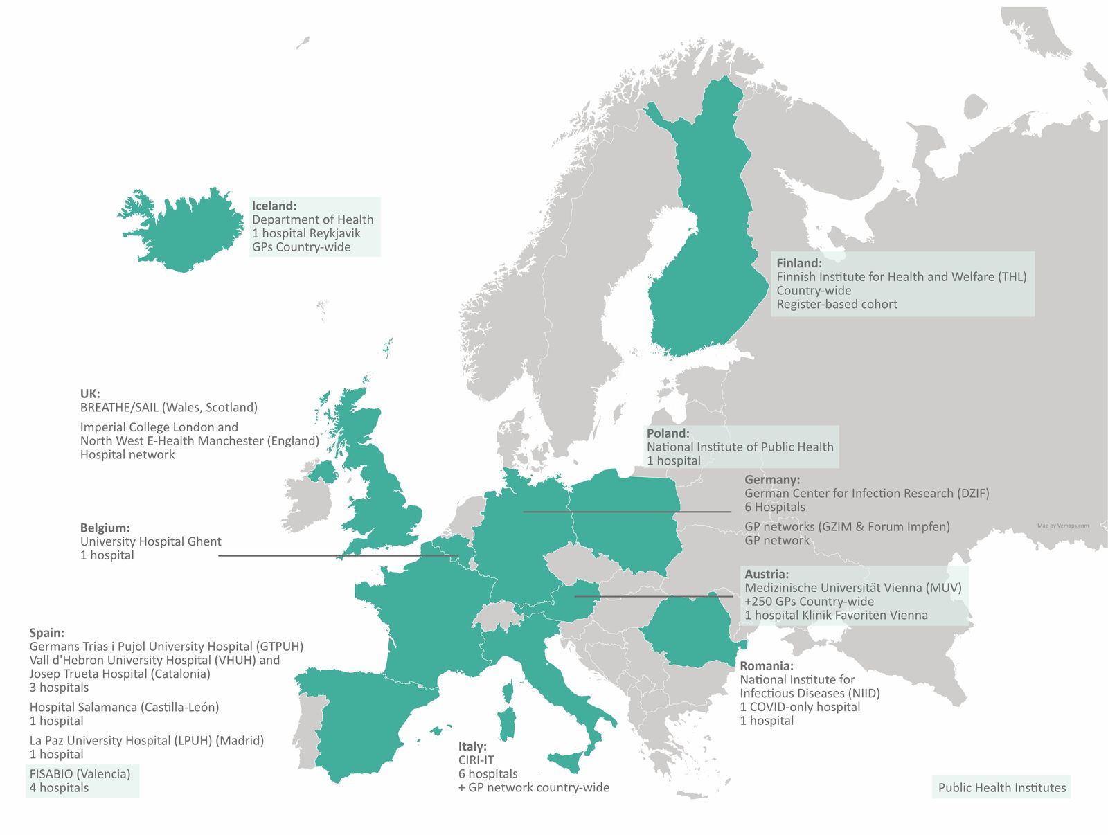 Mapa d'Europa amb els instituts de salut que participen en l'estudi