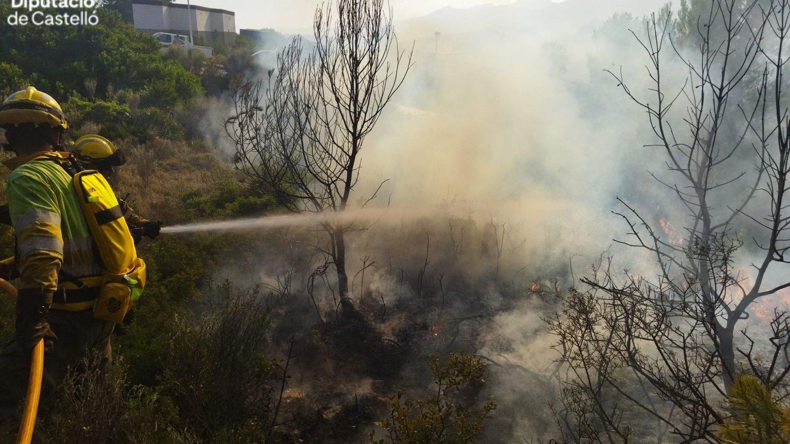 Els bombers treballen a l'incendi forestal declarat a Orpesa (Plana Alta)