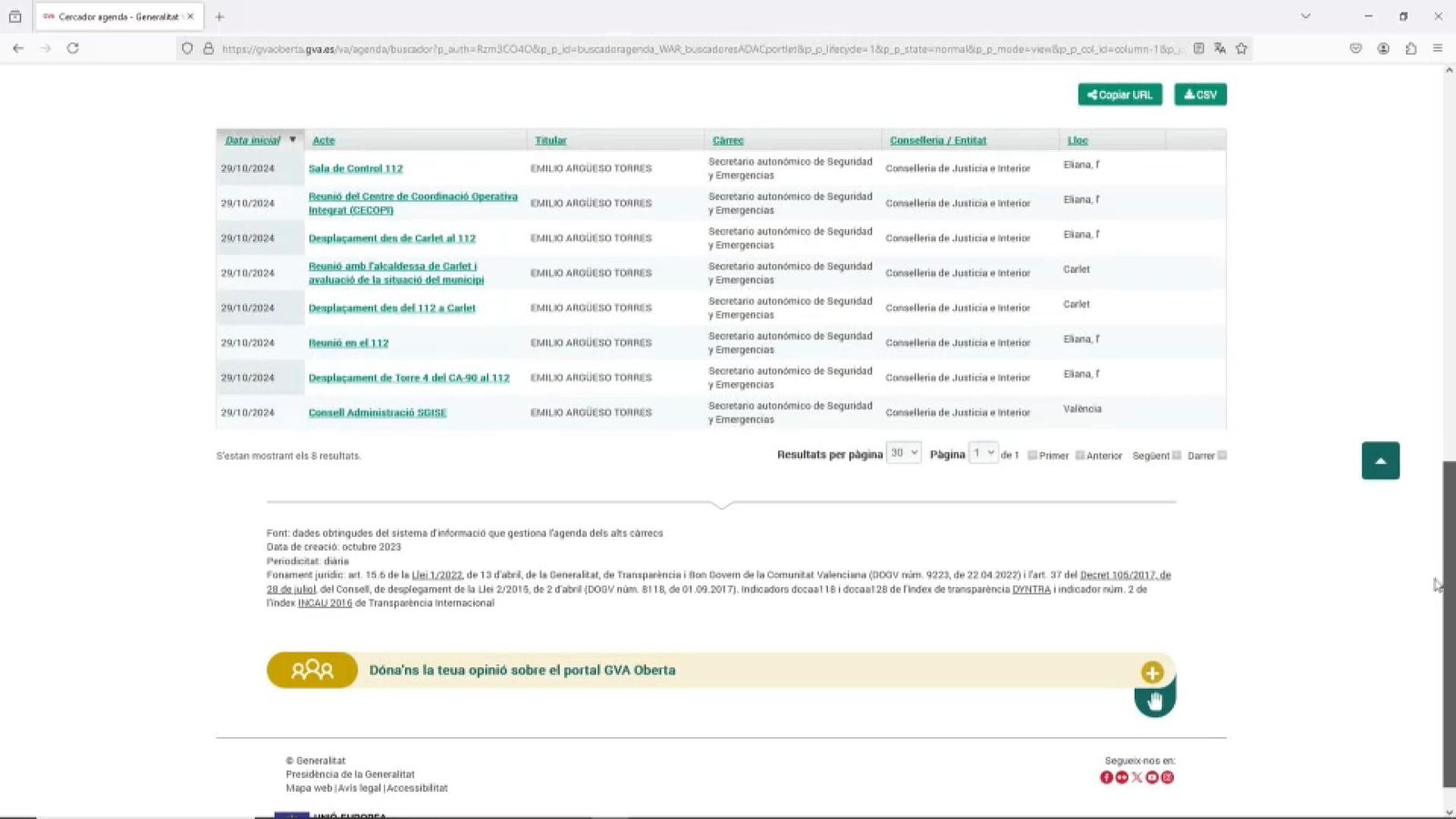 Agenda oficial d'Emilio Argüeso que consta al porta de transparència de la Generalitat del 29 d'octubre