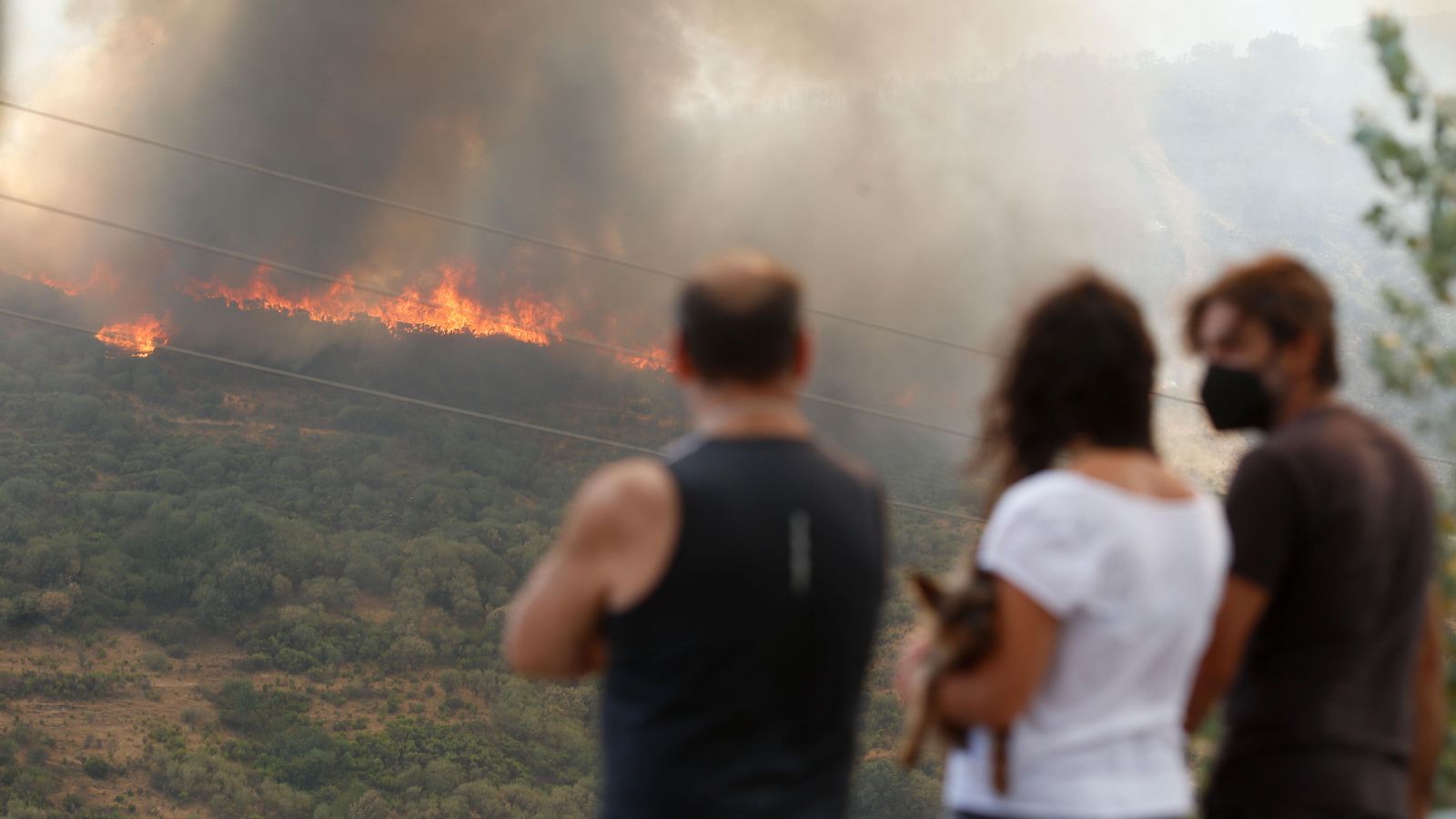 Veïns observen l'incendi forestal en La Baña, Lleó