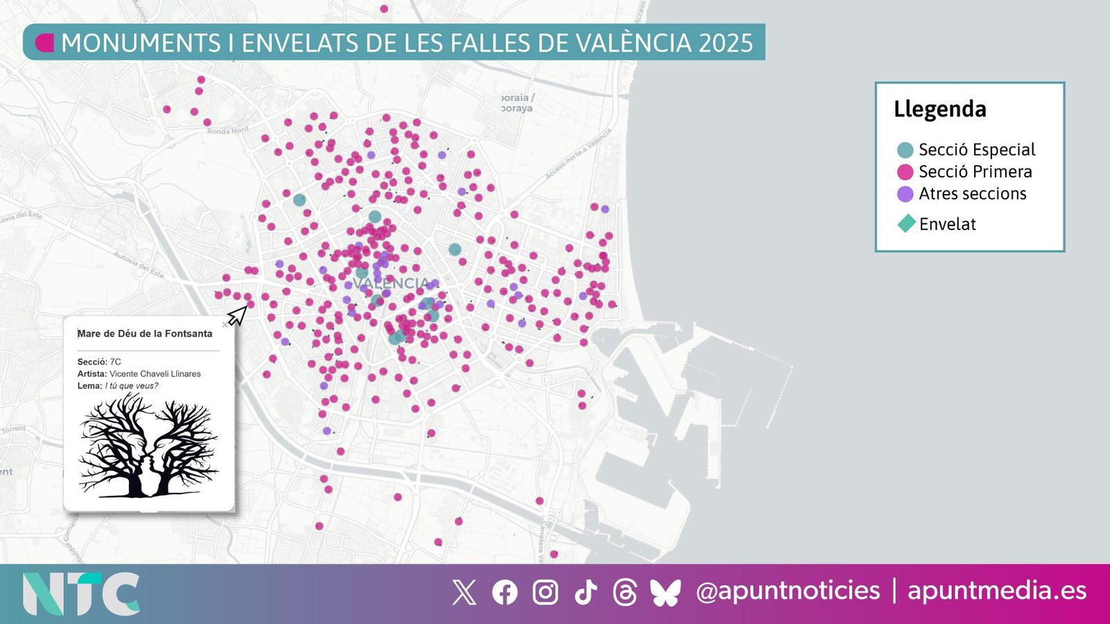 Busca en el mapa on es troben els envelats i com és el monument de cada falla