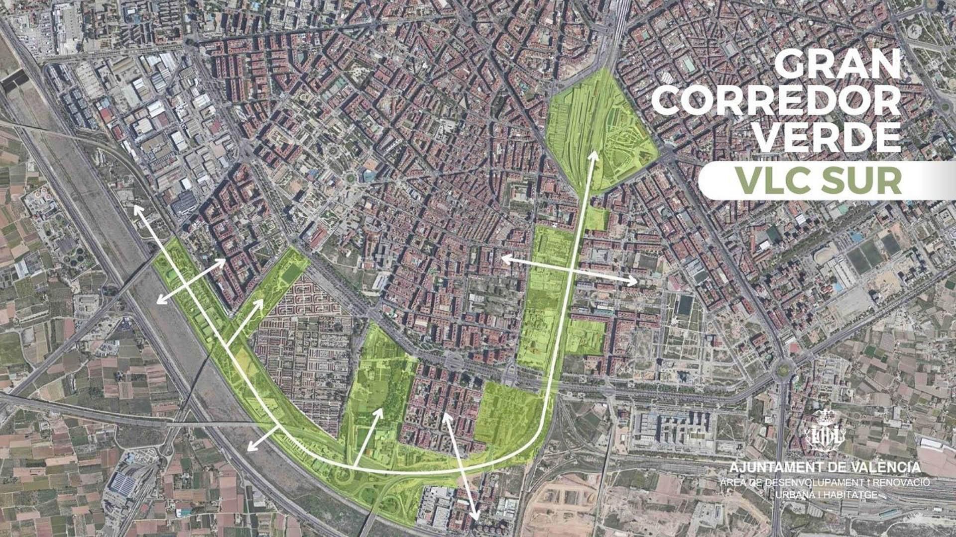 Mapa del nou corredor verd que connectarà el Parc Central de València amb el sud de la ciutat Mapa del nou corredor verd que connectarà el Parc Central de València amb el sud de la ciutat