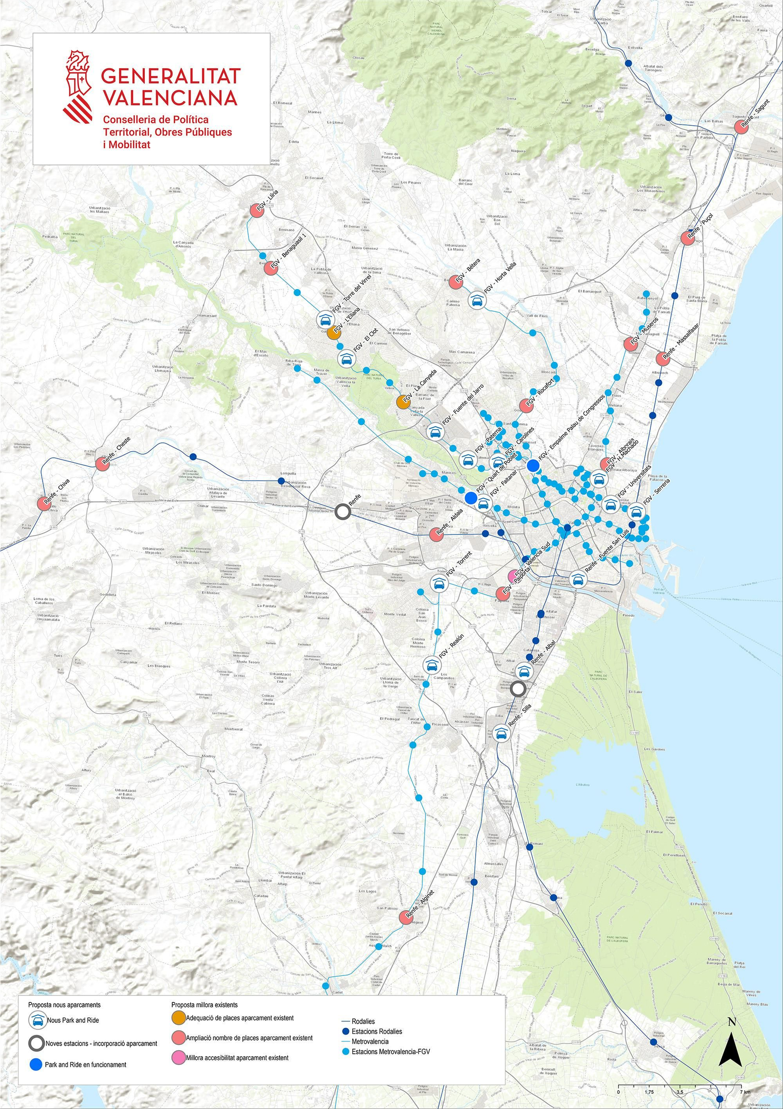 Mapa de la xarxa d'aparcaments dissuasoris a l'àrea metropolitana de València