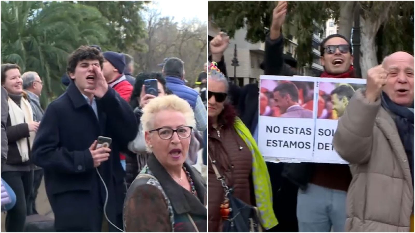 En vídeo, partidaris i detractors de Sánchez intercanvien retrets a les portes de la delegació del govern espanyol