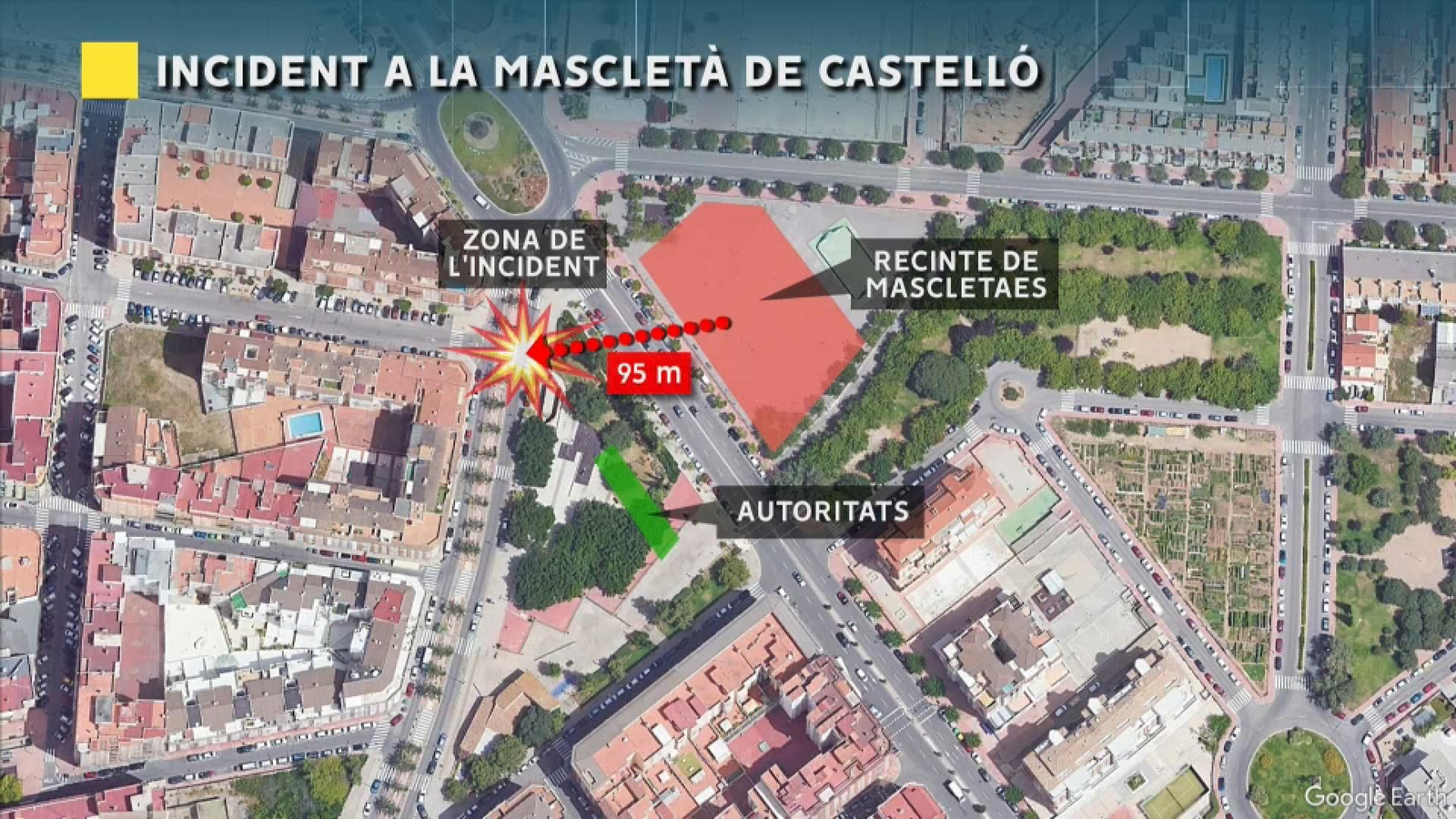 Representació visual de l'incident ocorregut en la primera de les mascletaes de la Magdalena a Castelló de la Plana