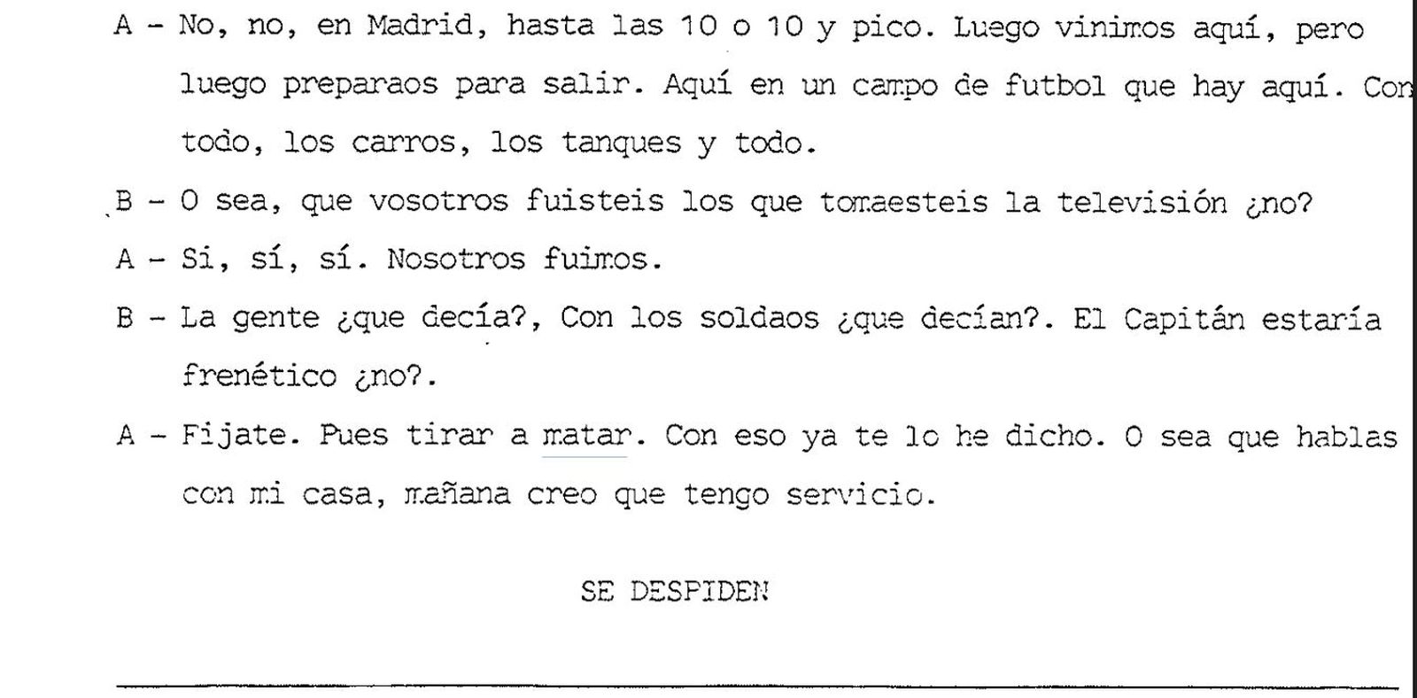 Fragment de la transcripió de les converses de la unitat militar El Pardo